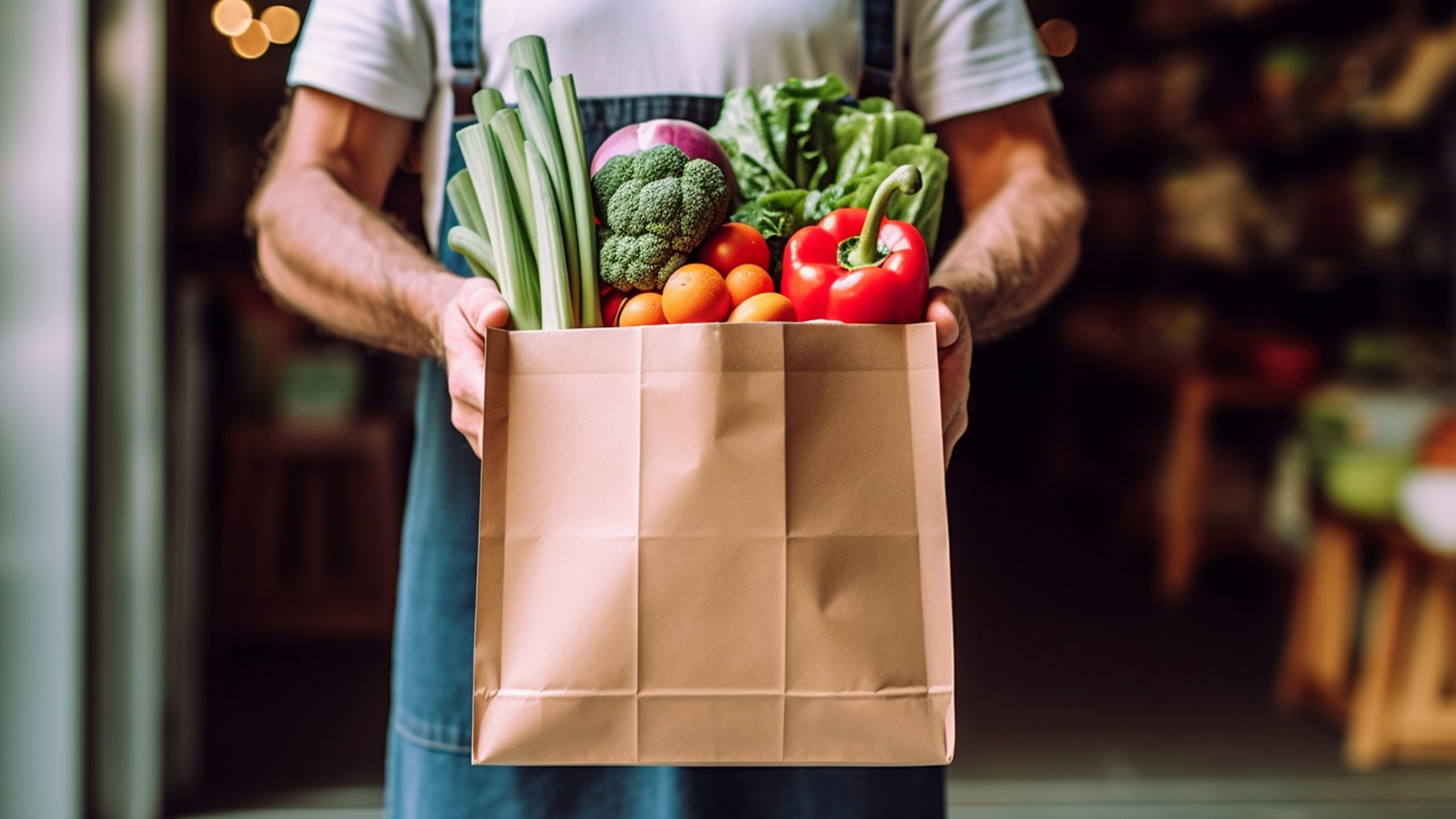 Vegetales frescos en bolsa de papel